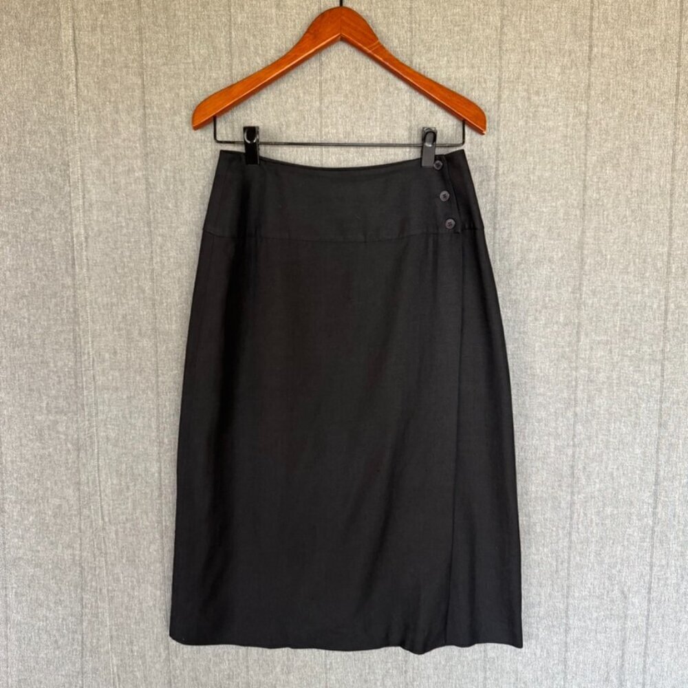 80s Vintage Ellen Tracy Black Linen Blend True Wrap Midi Pencil Skirt Size 8